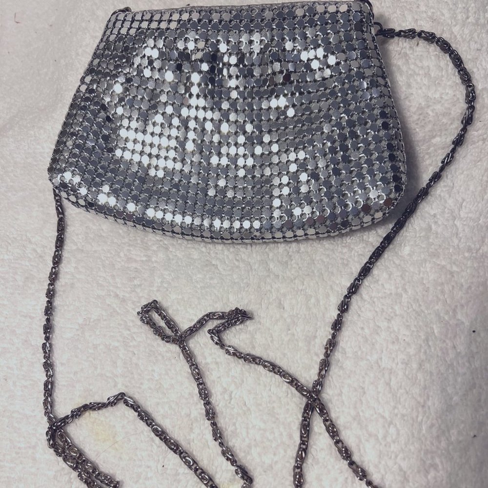 Y & S Original Silver Mesh Pleated Purse/Clutch Evening Bag-Metal Shoulder Chain